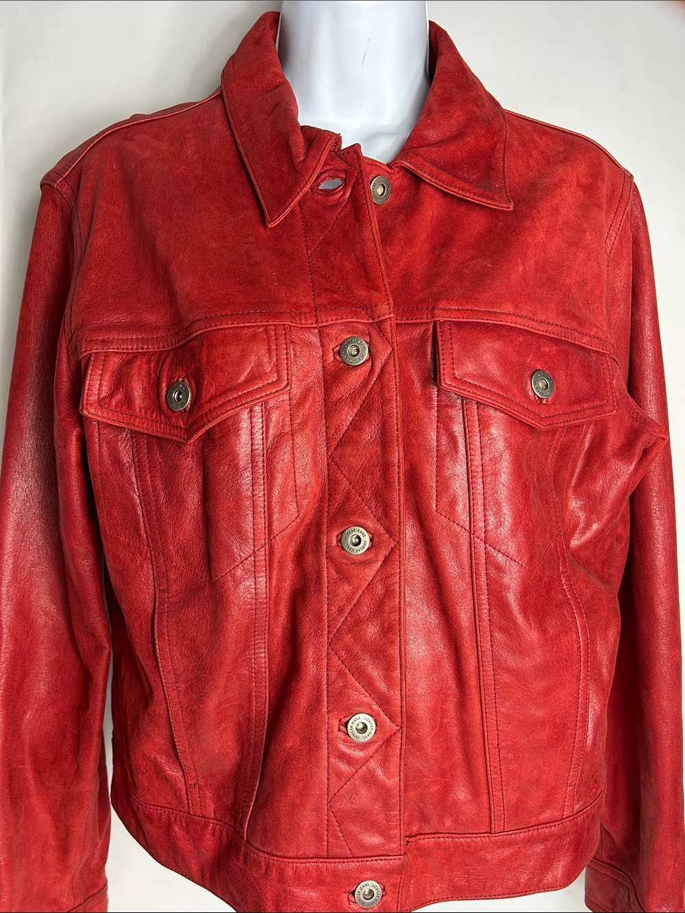 Liz Claiborne Solid Red Leather Waist Length Button Front Size Medium Jacket